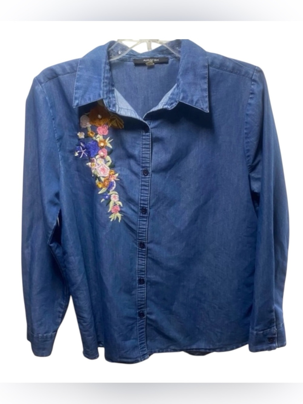 August Silk Shirt Embroidered Flowers w/Faux Pearl‎ Accents Button Down Size L